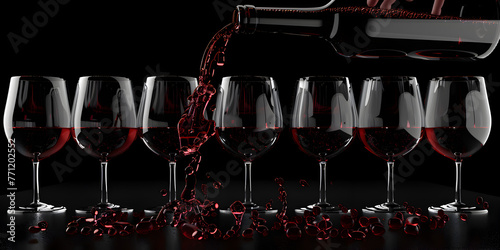 Red wine glasses in a row some filled and others empty with splashes photo