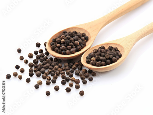 Close-up of Black pepper on white background, vitamin and health concept. Generative AI.