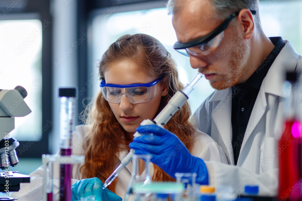 Close up of a protected science student, Testing substances Close up of a protected science student, Testing substances