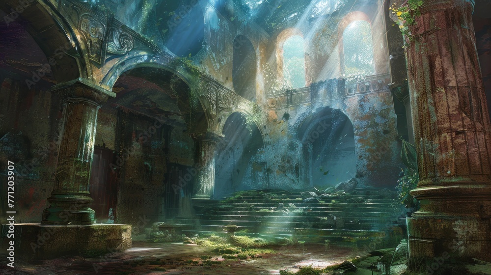 Explore an ancient ruin with crumbling walls and faded frescoes hinting at a lost civilization.