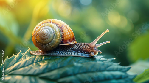 Macro shot of a snail exploring a leaf, delicate motion,