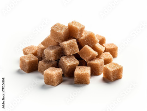Close-up of group of brown sugar cubes on white Background, diet and health concept. Generative AI.