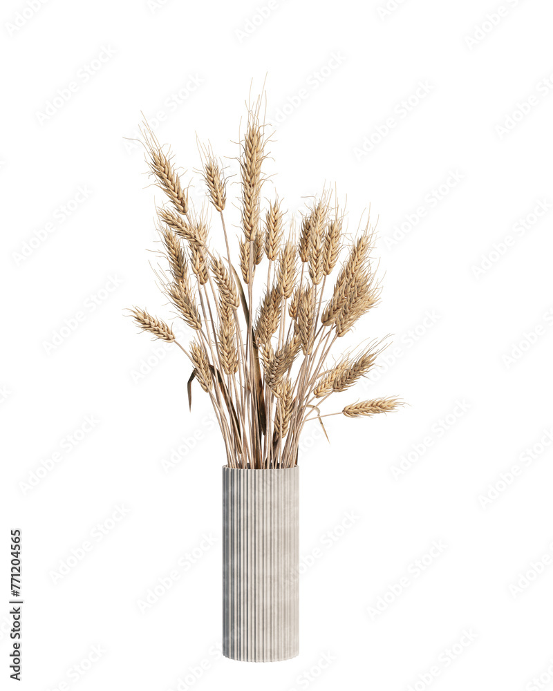 Naklejka premium dry ears of wheat grain in a vase. Ripe wheat in white vase. Wheat spikelets. Fluffy bouquet of ears of wheat. 