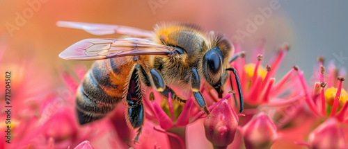 Pollination caught in action, bee on blossoms, macro,