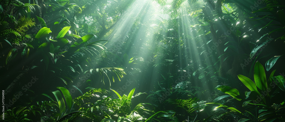 Sunbeams filtering through a dense jungle, illuminating the life within,