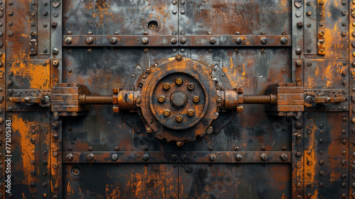 Vintage bank vault door, intricate locking mechanism,