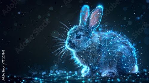 A cute rabbit composed of glowing lines in the style of data visualization, with a blue particle background and technological