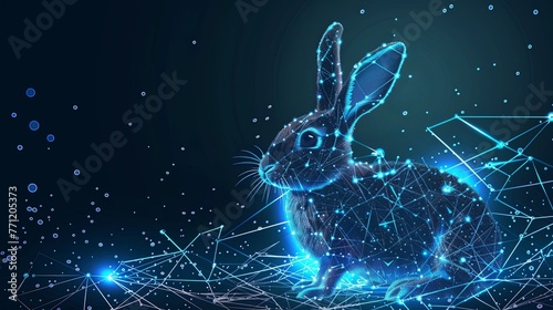 A cute rabbit composed of glowing lines in the style of data visualization, with a blue particle background and technological