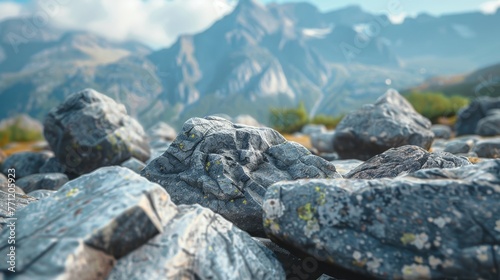 Chunks of granite on a blurred mountainous backdrop,