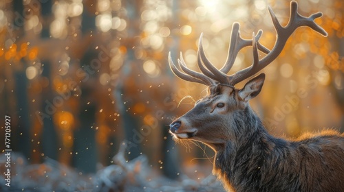 Close-up of a deer's fur and antlers, with a forest backdrop gently blurred