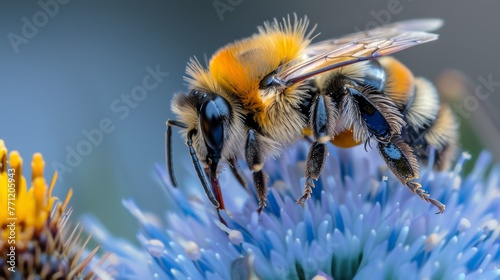 Close focus on a bee collecting pollen, with flower details blurred in the back © Anuwat