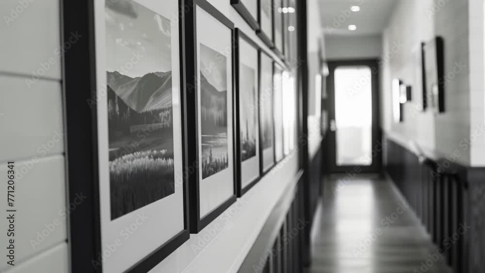 A hallway lined with framed black and white landscape photographs reminiscent of natures simplicity and serenity. . . A hallway lined with framed black and white landscape photographs reminiscent of natures simplicity and serenity. . .