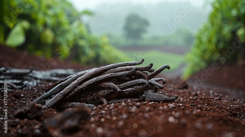 Fresh vanilla pods over a misty agricultural background,