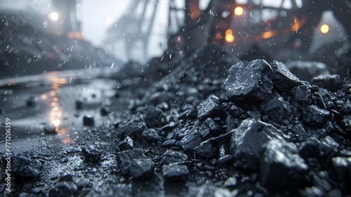 Freshly mined coal on a blurred industrial scene, energy source, photo