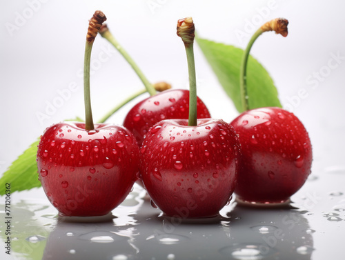 Close-up of fresh cherry fruits on white background, vitamin and health concept. Generative AI.