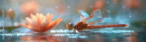 Jewel of the Pond Intimate closeup capturing a dragonflys vibrant body and gossamer wings, emphasizing its role as a jewellike guardian of the waters edge , vray