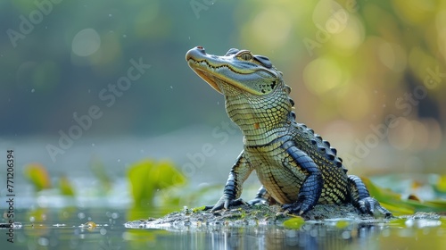 Gharial on a riverbank  water sparkling  background blurred 