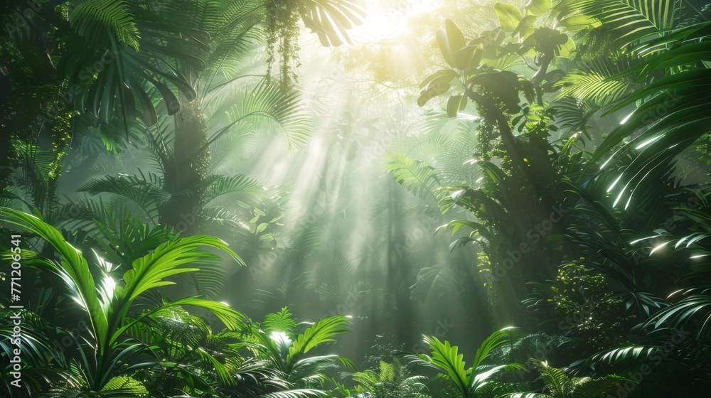 Hyper-realistic 3D rainforest with triangular light rays breaking through,