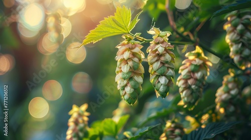 Hops cones on a blurred brewery background, beer’s essence