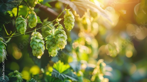 Hops cones on a blurred brewery background, beer’s essence