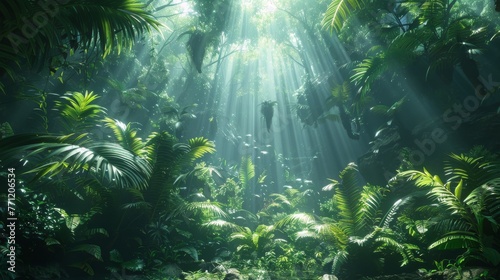 Hyper-realistic 3D rainforest with triangular light rays breaking through,