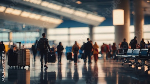 Travelers in Airport Concourse: Blurred Background Creates Atmosphere