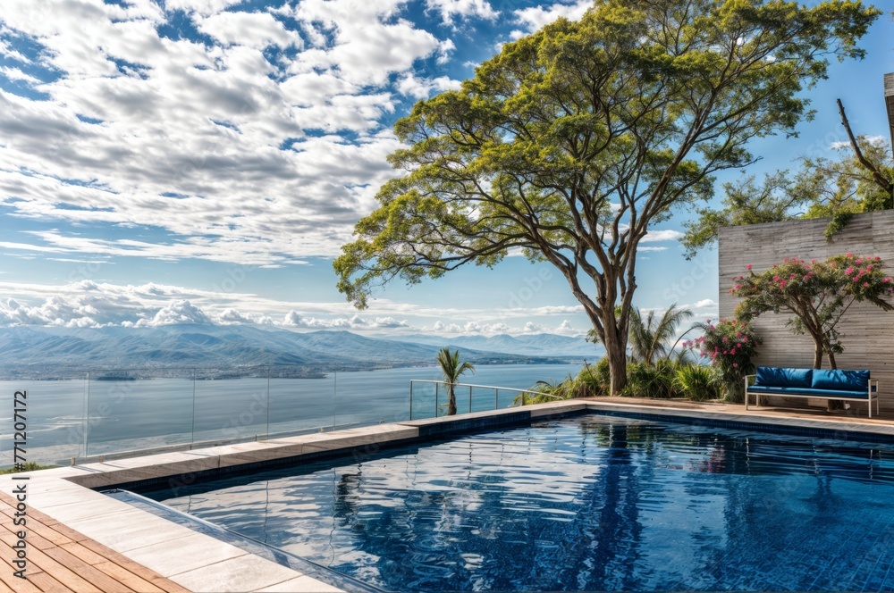 Swimming pool of luxury villa with view on the sea and mountains