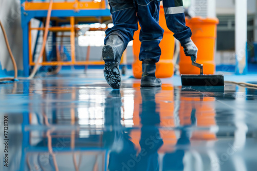 A worker applying a self-leveling epoxy resin coating on an industrial floor