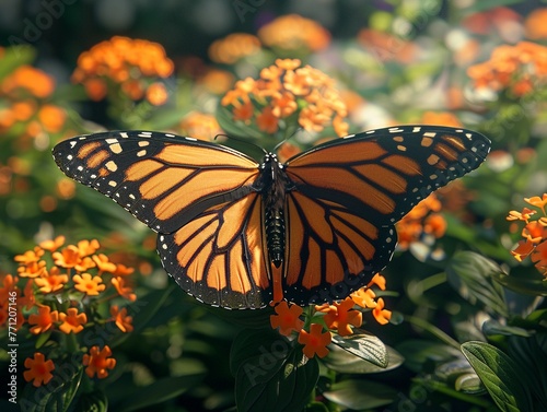 Vivid Majesty Closeup of a Monarch butterfly, its wings spread to reveal vibrant orange and black patterns, set against the backdrop of a sunlit garden , vray photo