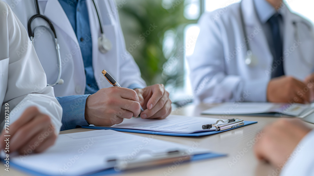 Medical team discussing in the hospital. Doctors are collaborative decision-making about the treatment of patients. Close-up on their hands pointing at key details