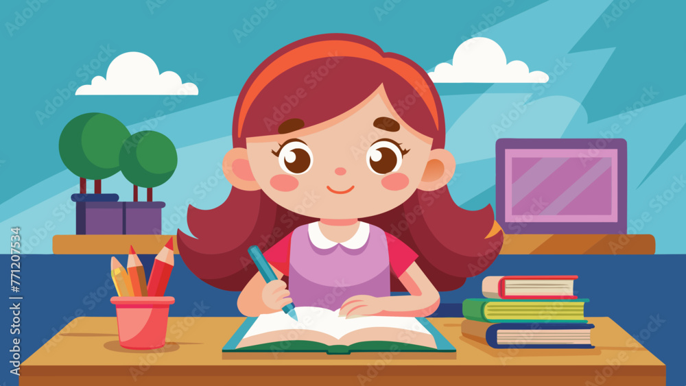 illustration of little girl cartoon studying