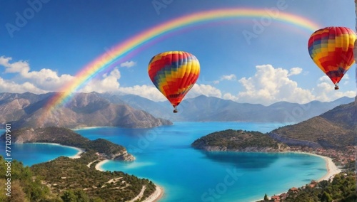 Hot air balloon flying over spectacular oludeniz lagoon with rainbow - Fethiye, Turkey 