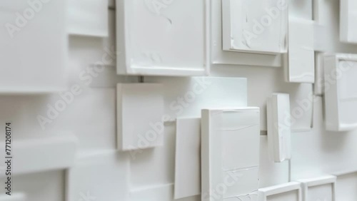 An art exhibit featuring a collection of white canvases each depicting a subtle variation of geometric shapes leaving the viewer to . . photo