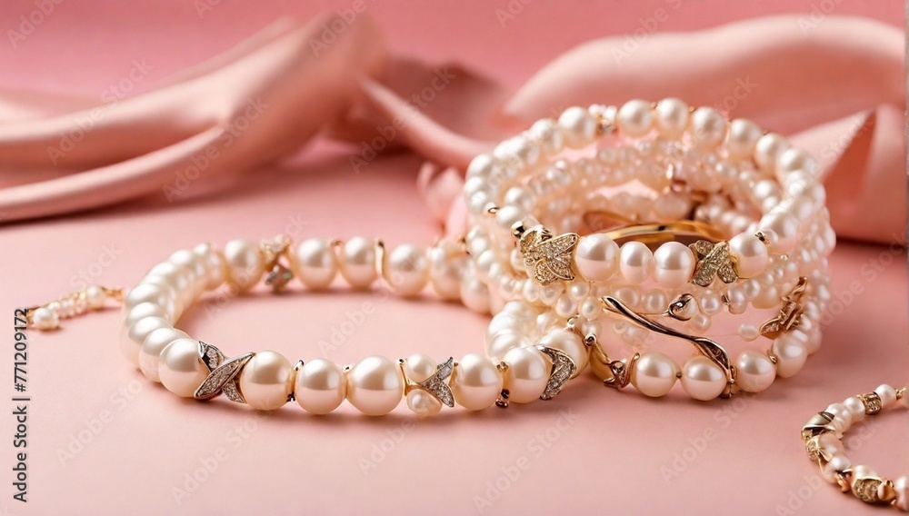 Pearl Golden Bracelets and ring on pink background - Pearl Bracelets on paper background setup
Pearl Golden Bracelets and ring on pink background - Pearl Bracelets on paper background setup