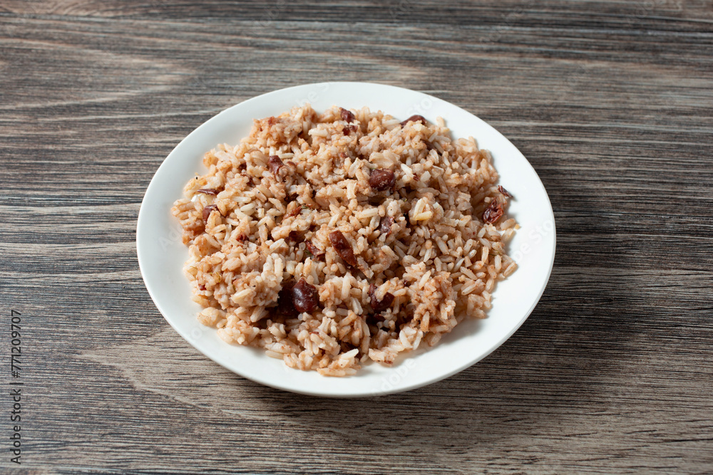 A view of a plate of rice and peas. A view of a plate of rice and peas.