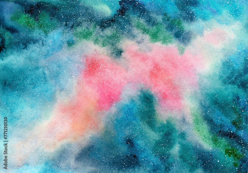 Watercolor illustration of outer space, nebula, galaxies, clusters of stars and clouds. Hand drawn beautiful colorful abstract, fantasy background for design, poster, print, banner, greeting card