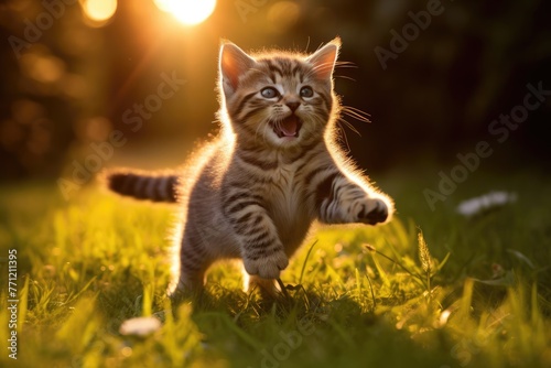Cute baby tabby kitten playing in garden under sunlight