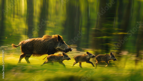 A family of wild boars foraging in the meadow, with their young boar cubs running around them. photo