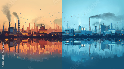 Vector horizontal banners skyline Kit with various parts of city factories, refineries, power plants and small towns or suburbs. Illustration divided on layers for create parallax effect. photo