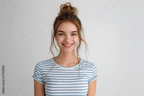 Smiling girl standing isolated on a white background, smiling girl, super realistic studio shot photo