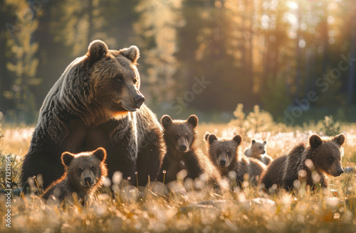 A family of grizzly bears, including cubs and mother bear in the wild on a grassy field during golden hour lighting photo