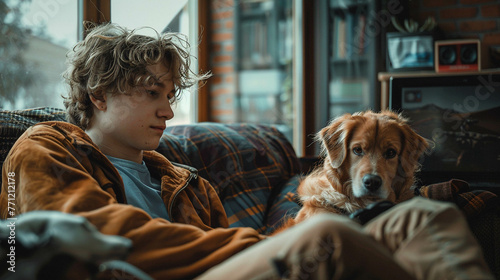 Teenage Boy Relaxing with His Dog on Couch