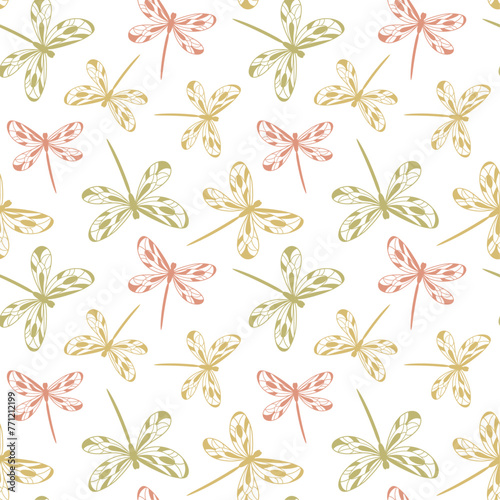 Decorative summer background with flying dragonflies, seamless vector pattern on transparent background, textile print, wallpaper.