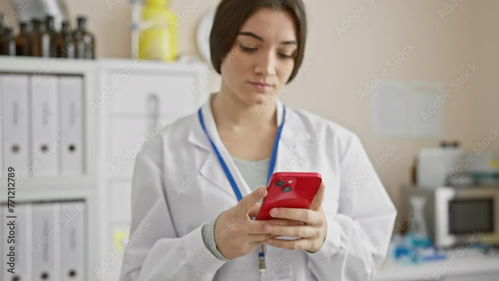 Young hispanic female technician in lab coat using smartphone in medical laboratory indoor. Young hispanic female technician in lab coat using smartphone in medical laboratory indoor.