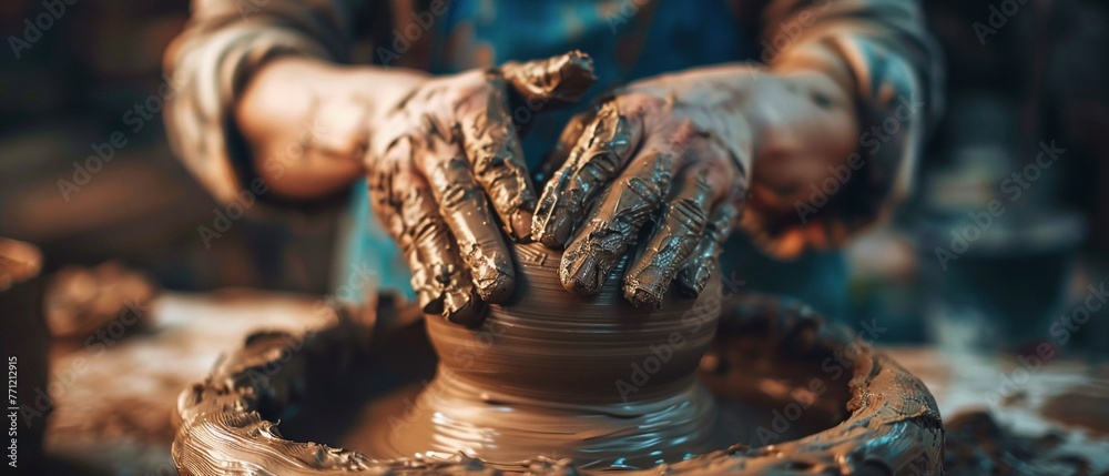 Earththemed pottery, artisan hands at work, clay texture detail, studio lighting, close view - obrazy, fototapety, plakaty 