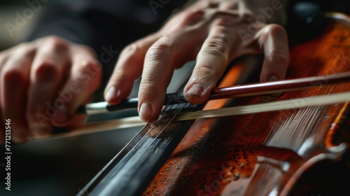 In a detailed close-up, the essence of musical performance is encapsulated as the violinist's fingers press on the strings.