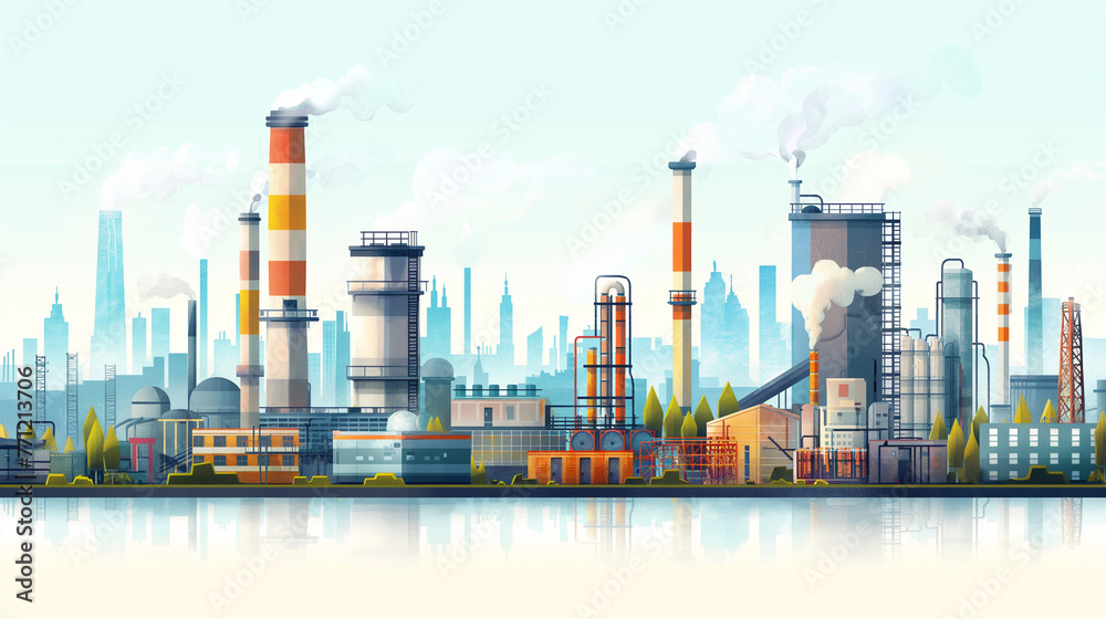 Industry, factory and manufacture landscape vector illustrations. Cartoon flat industrial panoramic area with manufacturing plants, power stations, warehouses, cooling tower silhouettes background.