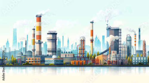 Industry, factory and manufacture landscape vector illustrations. Cartoon flat industrial panoramic area with manufacturing plants, power stations, warehouses, cooling tower silhouettes background.