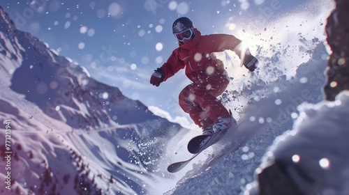 A snowboarder catching air off a jump, with snow spraying up around them, frozen in a moment of exhilaration.
