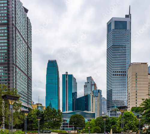 Looking up at the towering skyscrapers in the city center  in Chongqing  China